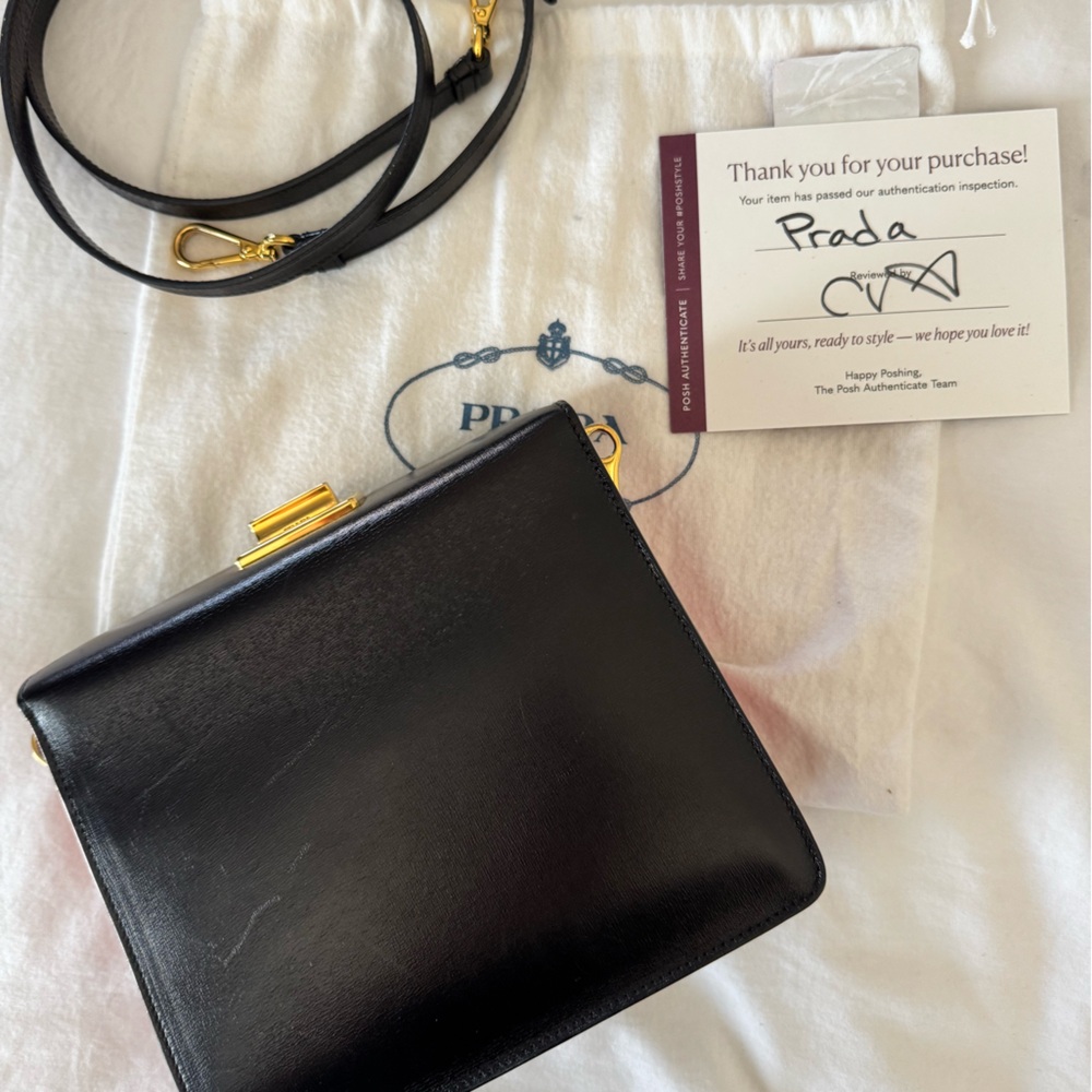 Prada Black Leather Shoulder Bag with Gold Hardware and Pop of Pink